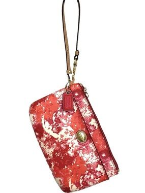Coach Vintage Pink White Orange Red Coated Canvas/Leather Mini Wristlet/Clutch